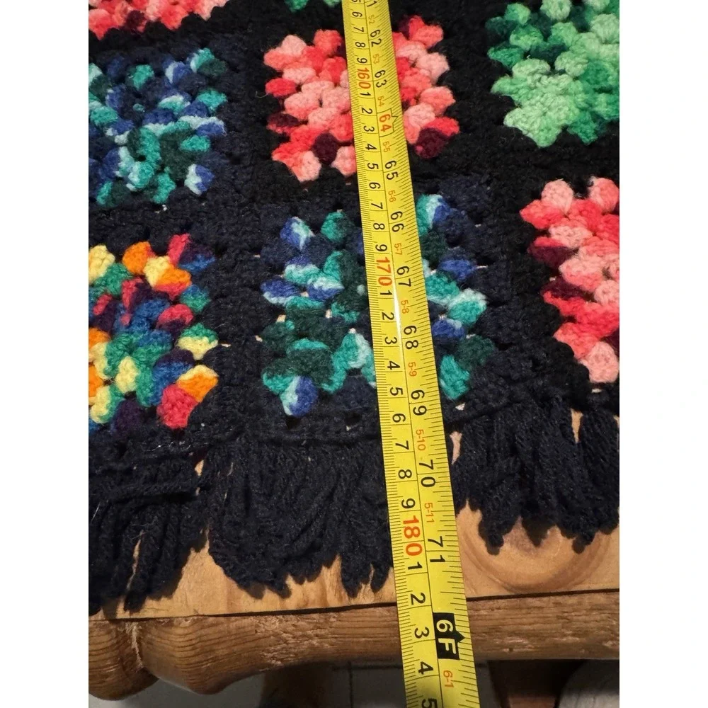 Vintage Handmade Granny Square Crochet Blanket Throw Black Multicolor Fr1nge